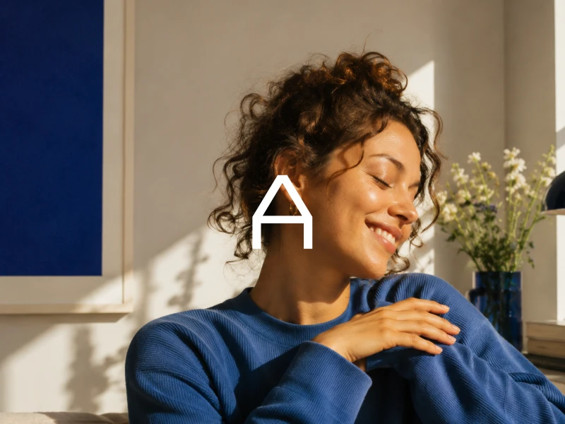 Relaxed woman with arbio logo enjoying sunlight in a bright living space
