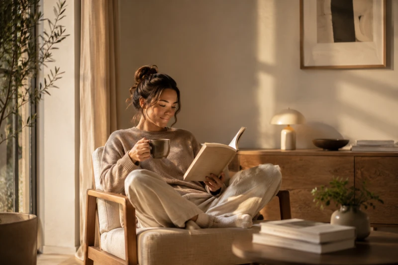 Woman reading relaxed with a coffee cup in a cozy armchair by the window