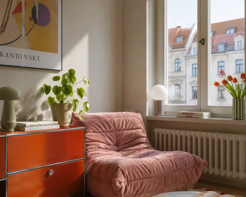 Seating corner in a Leipzig holiday apartment with a pink armchair and period window